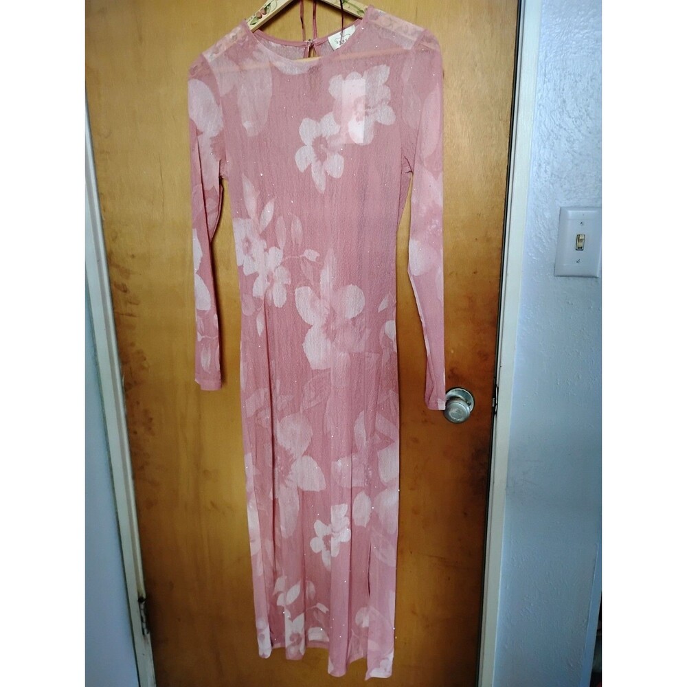 Ember Pink Floral Long Mesh Sleeve Maxi Dress Pretty Preppy Grunge Y2K Size M